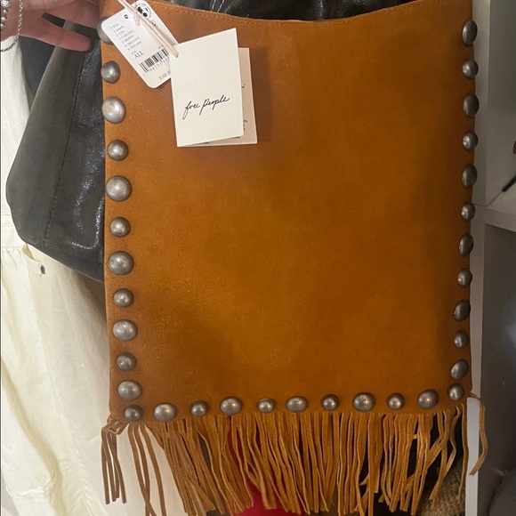 Free People Handbags - Free People Tan Suede Fringe Crossbody Bag with Studs